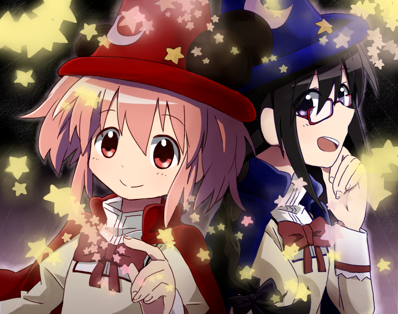 2girls, akemi_homura, animal_ears, black_hair, braid, cape, disney, fantasia