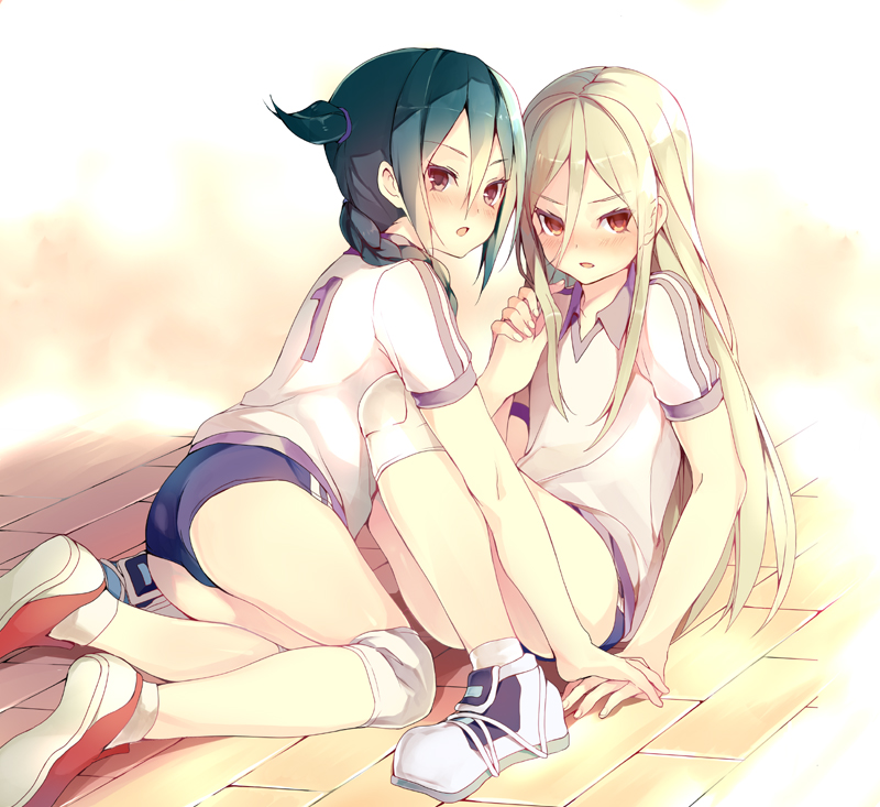 afuro_terumi, ai5108, bad_id, bike_shorts, blonde_hair, blue_hair, blush, braid