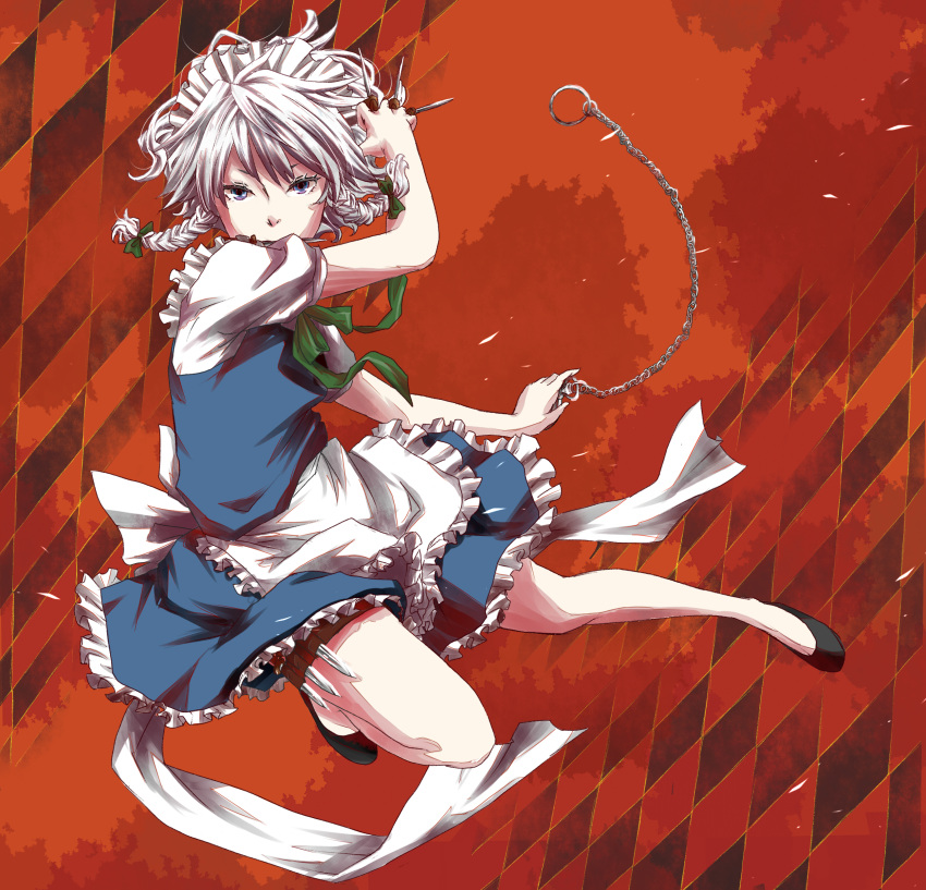 absurdres, apron, between_fingers, braid, chain, chains, highres, izayoi_sakuya