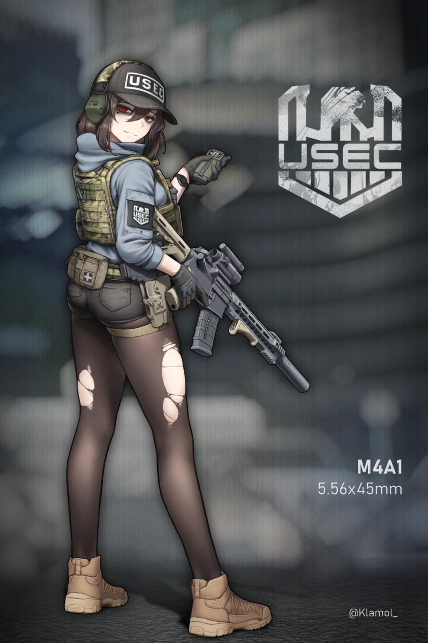 1girl, absurdres, ar-15, artist_name, assault_rifle, baseball_cap, belt, black_pantyhose