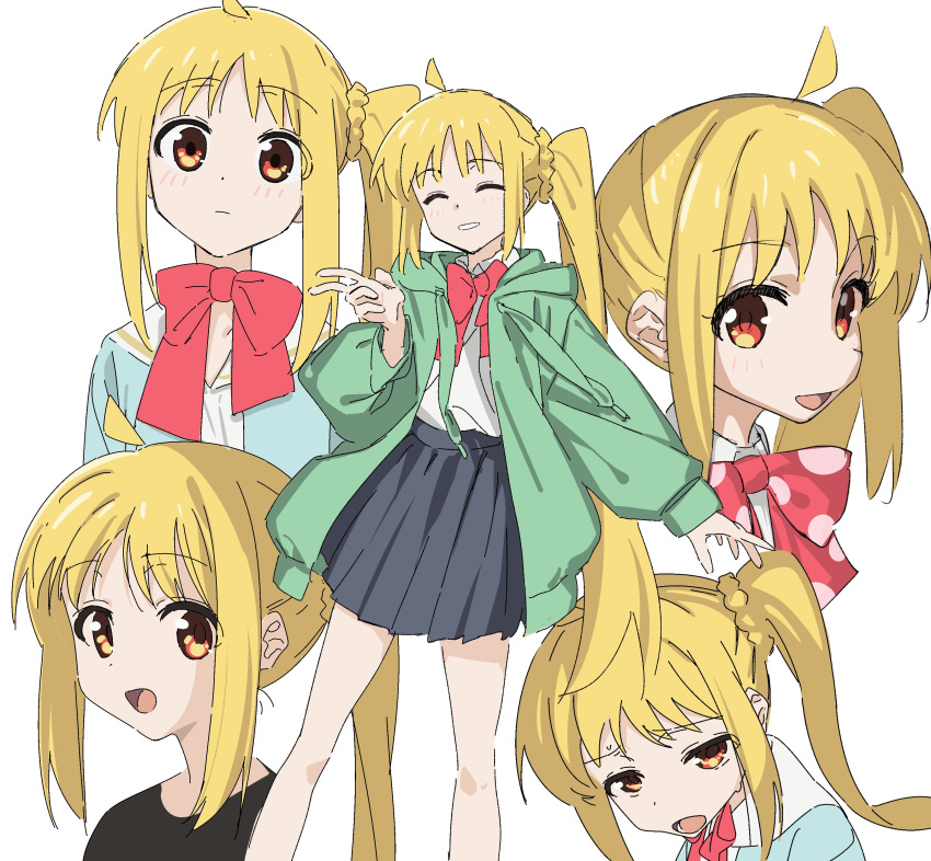 1girl, ^_^, absurdres, ahoge, black_skirt, blonde_hair, bocchi_the_rock!, bow