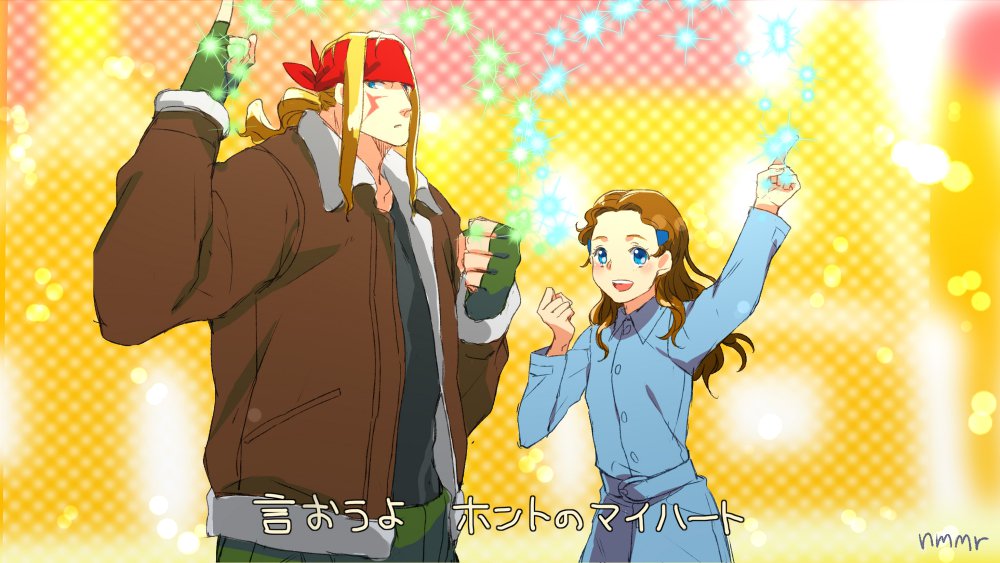 1boy, 1girl, alex_winger, bandana, blonde_hair, blue_eyes, brown_hair, commentary_request