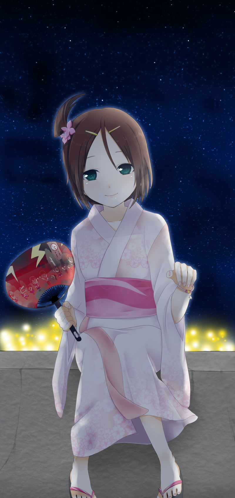 brown_hair, corpse_party, fan, green_eyes, hair_ornament, hairclip, highres, japanese_clothes