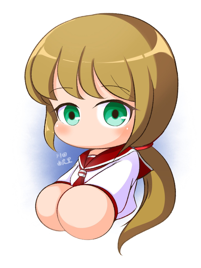 1girl, aqua_eyes, blonde_hair, commentary_request, cropped_torso, hair_tie, highres, jikkyou_powerful_pro_yakyuu