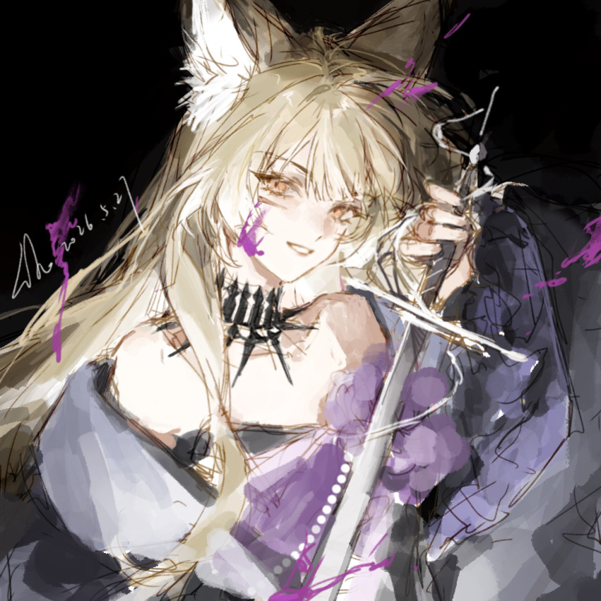 1girl, animal_ear_fluff, animal_ears, arknights, bare_shoulders, black_background, black_choker, blonde_hair