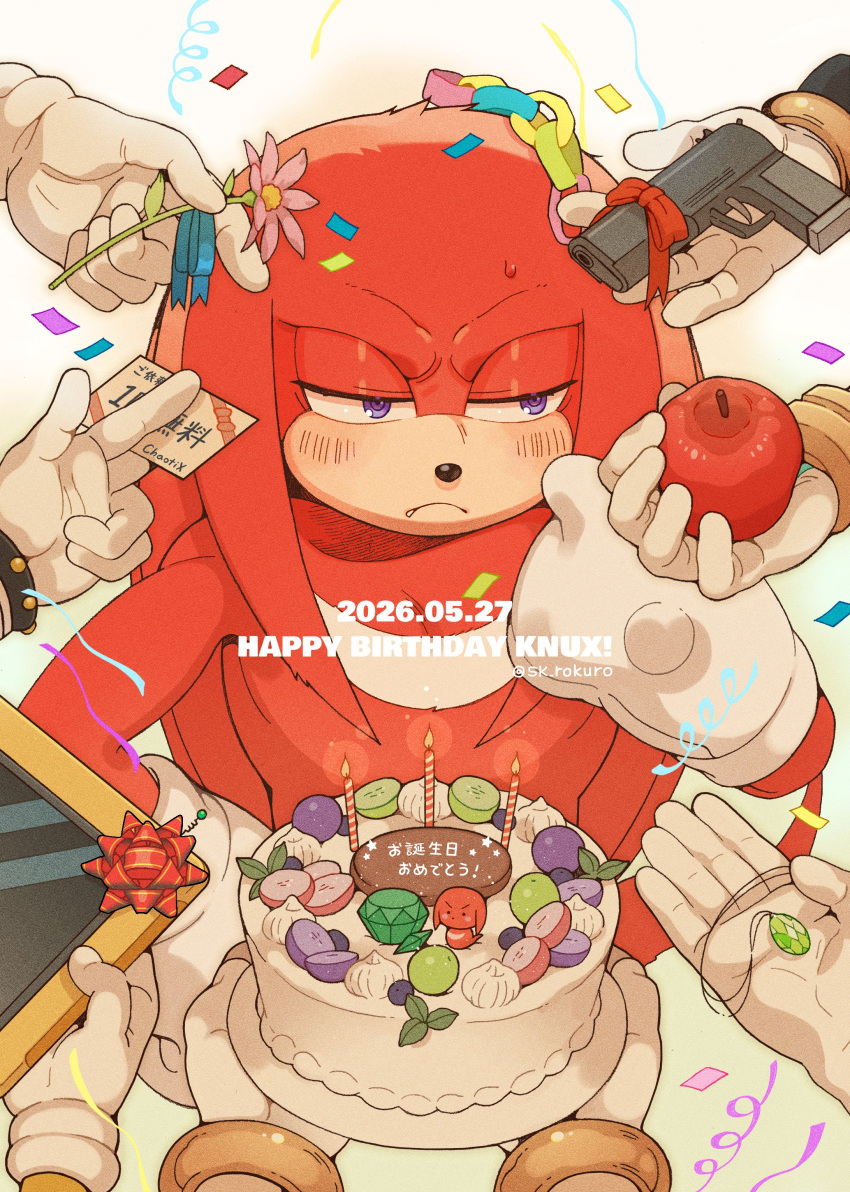 1boy, absurdres, apple, birthday_cake, blush, cake, card, closed_mouth