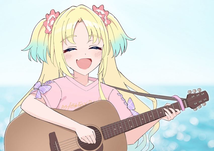 1girl, :d, ^_^, acoustic_guitar, blonde_hair, blue_background, blue_hair, blurry