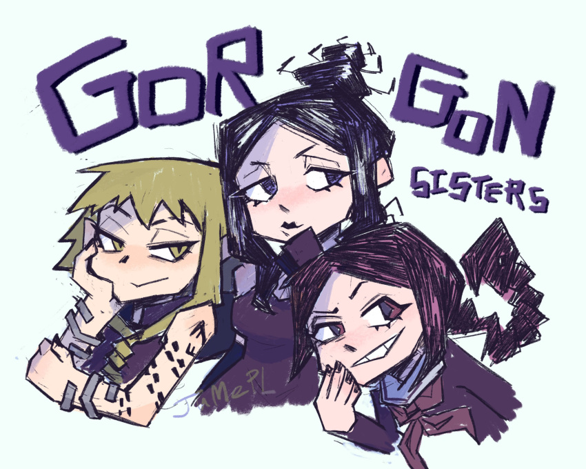 3girls, arachne_gorgon, arm_tattoo, artist_name, black_dress, black_hair, black_lips, black_nails