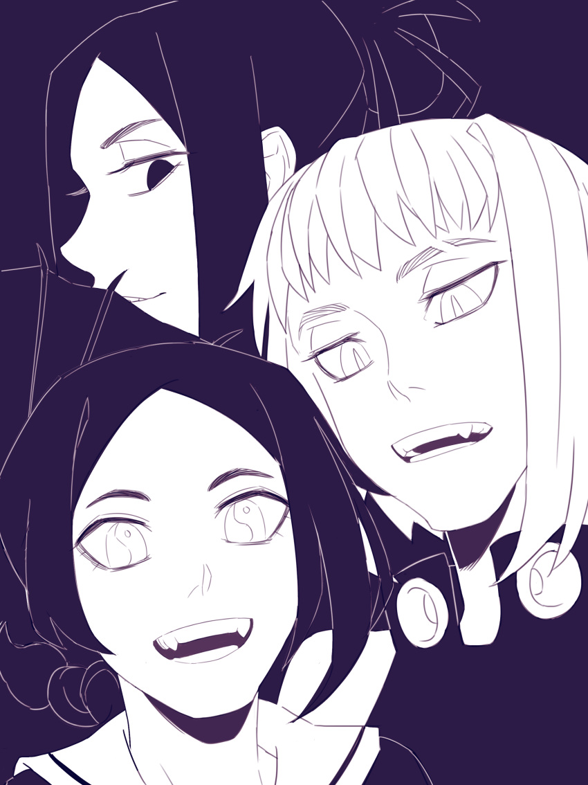 3girls, absurdres, arachne_gorgon, black_eyes, black_hair, braid, commentary, dress