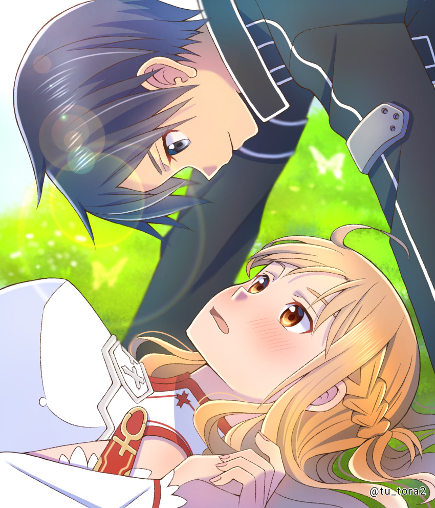 1boy, 1girl, arm_support, armor, armored_coat, artist_name, asuna_(sao), bare_shoulders