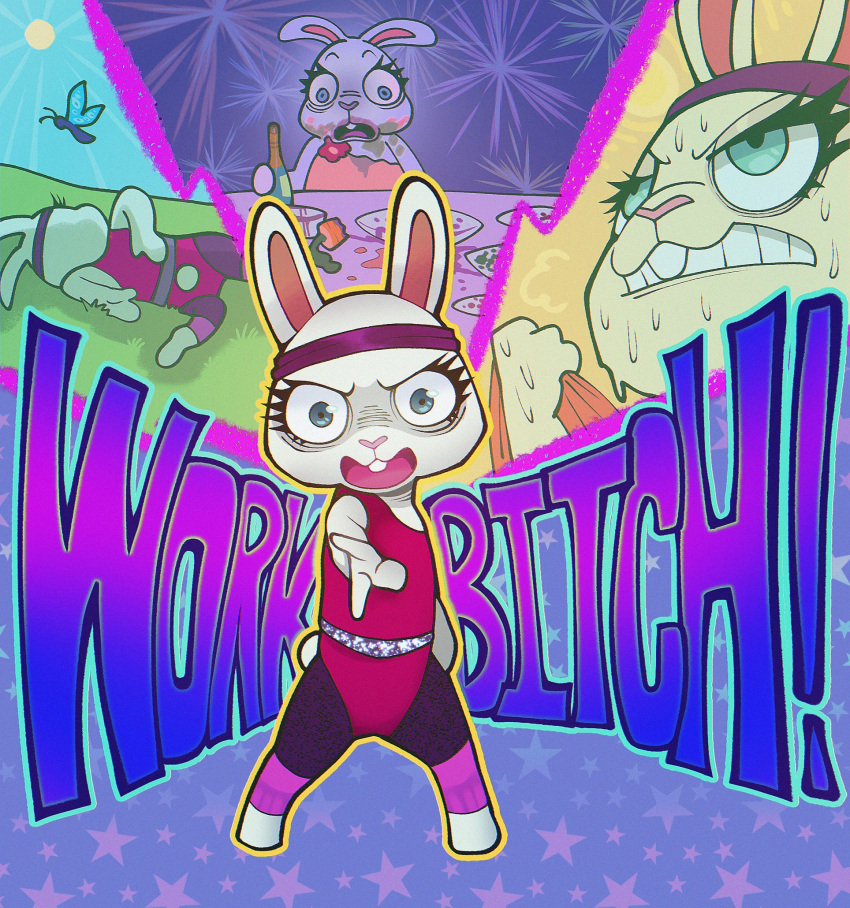 1girl, 2girls, alcohol, animal, animal_ears, blue_eyes, bottle, buck_teeth, bug, butterfly, carrot, character_name, clenched_teeth, cup, drinking_glass, exercising, exhausted, fireworks, food, fruit, furry, furry_female, grass, headband, highres, lagomorph, leotard, leporid, multiple_girls, multiple_views, open_mouth, poshan_fry, rabbit, rabbit_ears, rabbit_girl, star_(symbol), sun, sweat, teeth, zoobe, zoobe_bunny