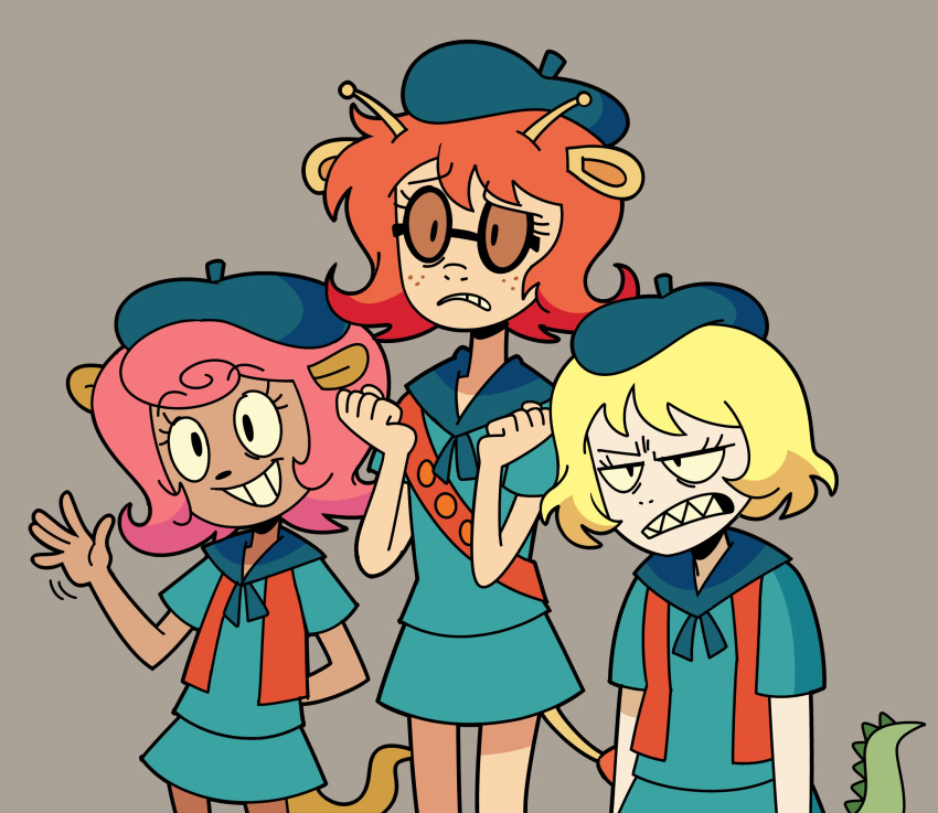 3girls, absurdres, animal_ears, antennae, aqua_skirt, arm_behind_back, beret, biting_own_lip