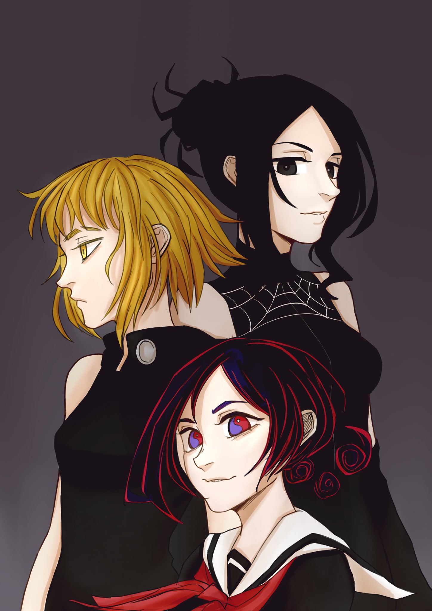 3girls, arachne_gorgon, bare_shoulders, black_dress, black_eyes, black_hair, blonde_hair, braid