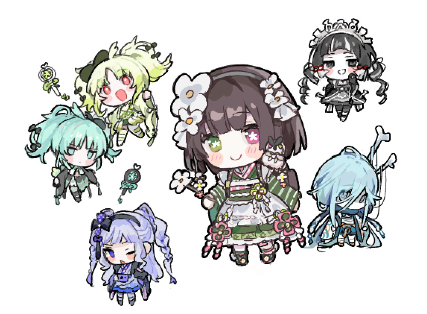 6+girls, aoba_kira, aqua_eyes, aqua_hair, awawa_yumemi, black_bow, black_bowtie, black_eyes