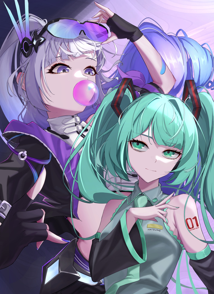 2girls, absurdres, aqua_hair, aqua_nails, aqua_necktie, armpit_crease, black_gloves, black_sleeves