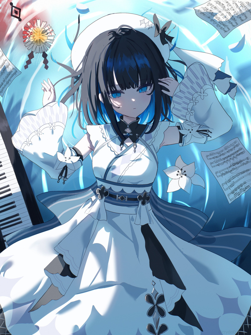 1girl, absurdres, beret, black_bow, black_bowtie, blue_eyes, bow, bowtie