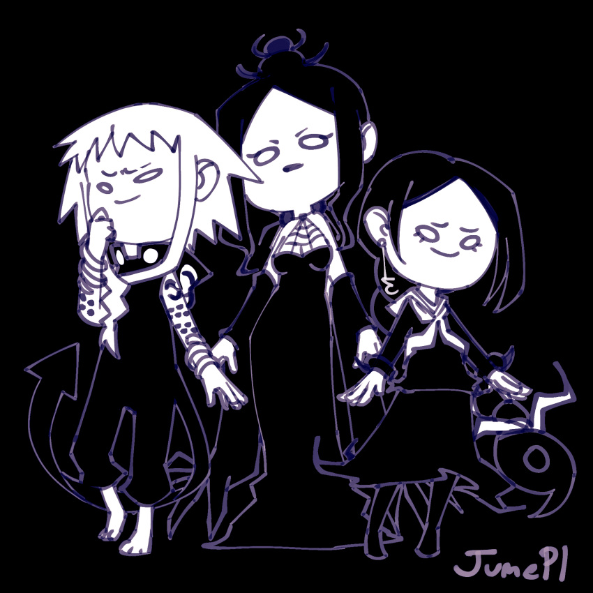 3girls, arachne_gorgon, arm_tattoo, artist_name, bare_shoulders, barefoot, black_background, black_boots