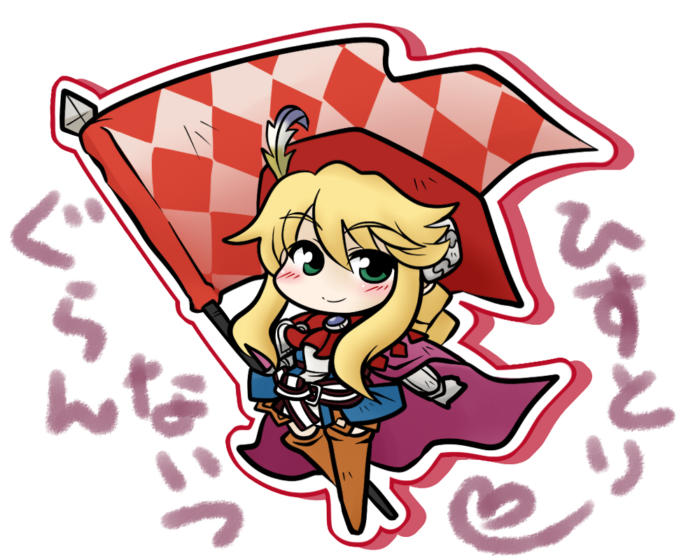 blonde_hair, blush, braid, cape, checkered, feathers, flag, grand_knights_history