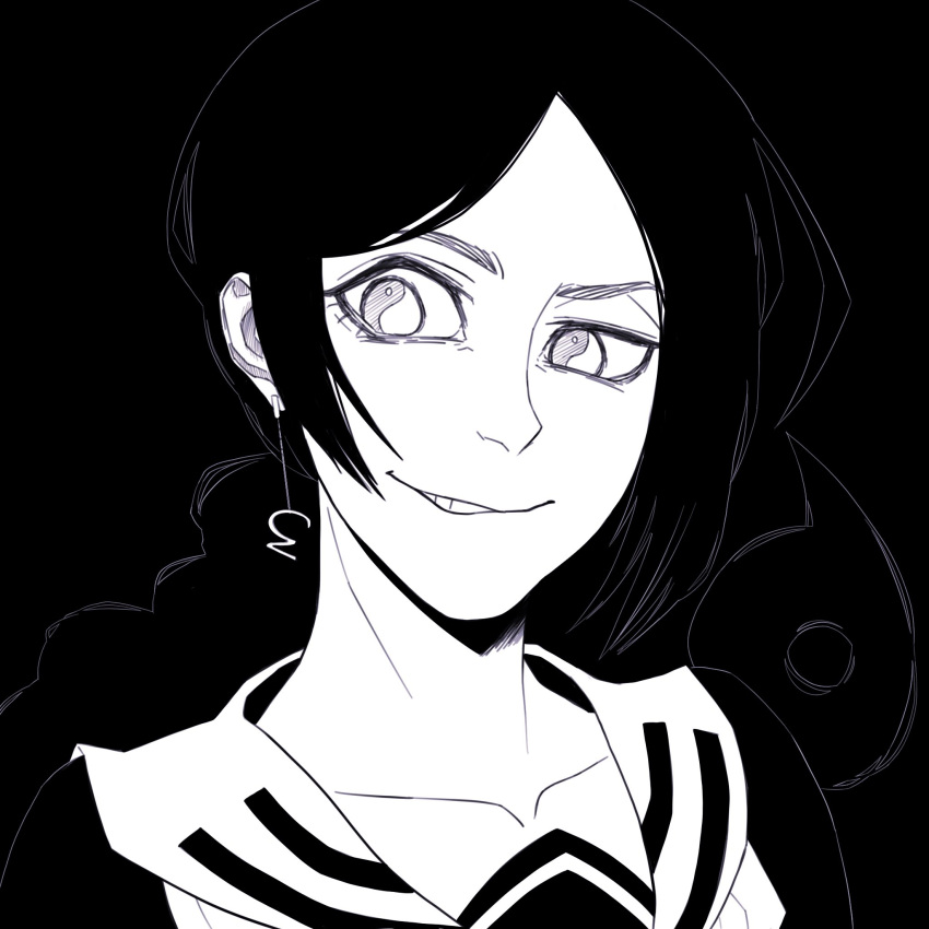 1girl, black_background, black_hair, braid, collarbone, commentary, earrings, english_commentary