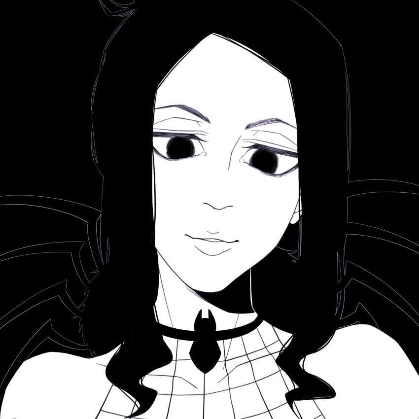 1girl, arachne_gorgon, black_background, black_eyes, black_hair, commentary, english_commentary, hair_bun