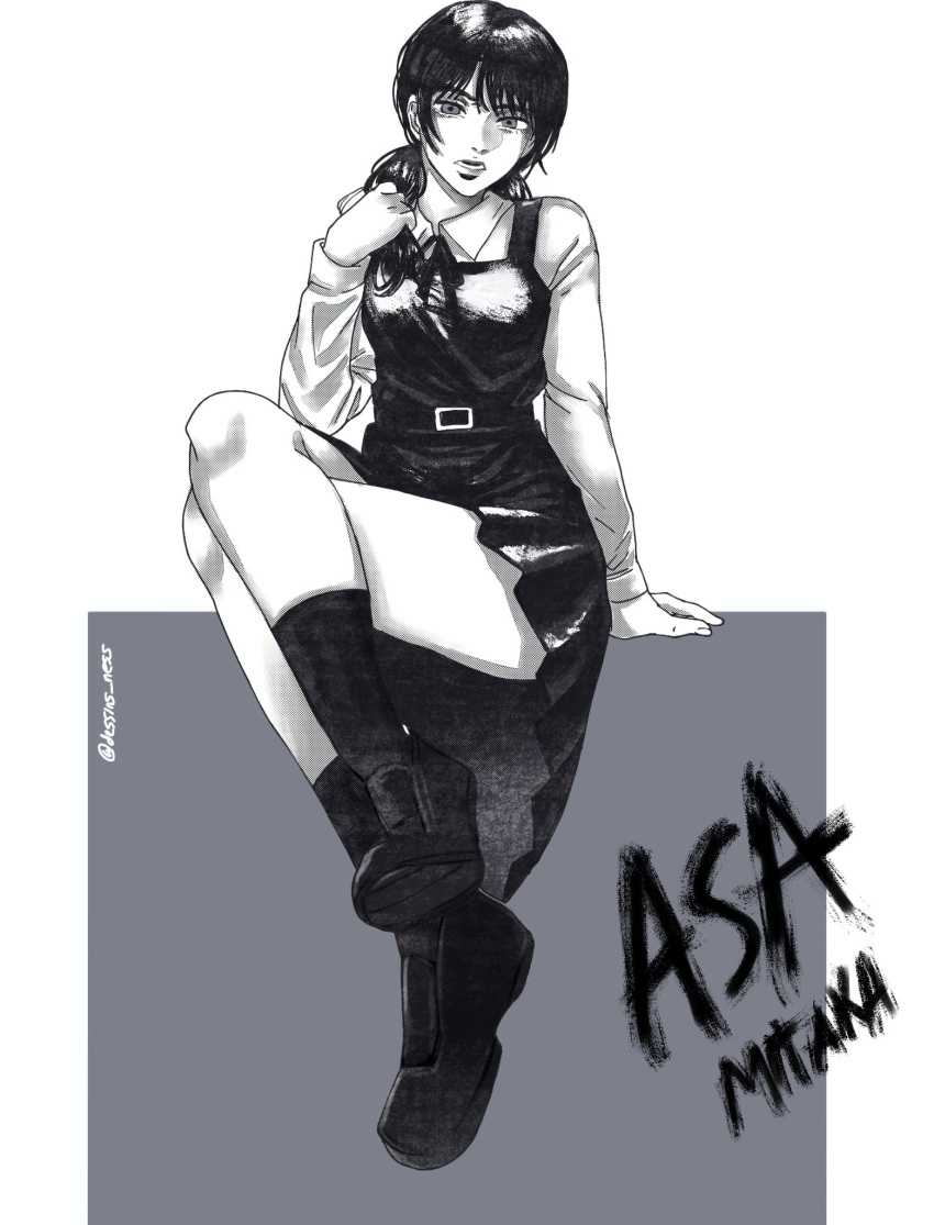 belt, black_dress, black_ribbon, boots, chainsaw_man, collared_shirt, crossed_legs, dessins_ness, dress, fourth_east_high_school_uniform, greyscale, highres, long_sleeves, looking_at_viewer, low_twintails, mitaka_asa, monochrome, neck_ribbon, pinafore_dress, ribbon, school_uniform, shirt, simple_background, sleeveless, sleeveless_dress, socks, twintails, white_background, white_shirt