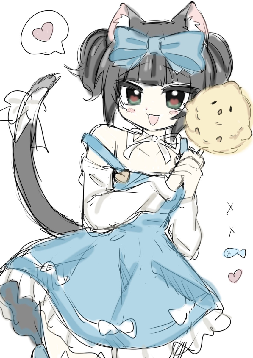 animal_ear_fluff, animal_ears, azur_lane, black_hair, blue_bow, blue_dress, bow, cat_ears, cat_girl, cat_tail, cotton_candy, dress, hair_bow, hands_up, heart, heart-shaped_pupils, highres, looking_at_viewer, manjuu_(azur_lane), mutsuki_(azur_lane), mutsuki_(cotton_candy_dreams)_(azur_lane), official_alternate_costume, protected_link, ruludoll, short_hair, simple_background, sketch, strap_slip, symbol-shaped_pupils, tail, white_background