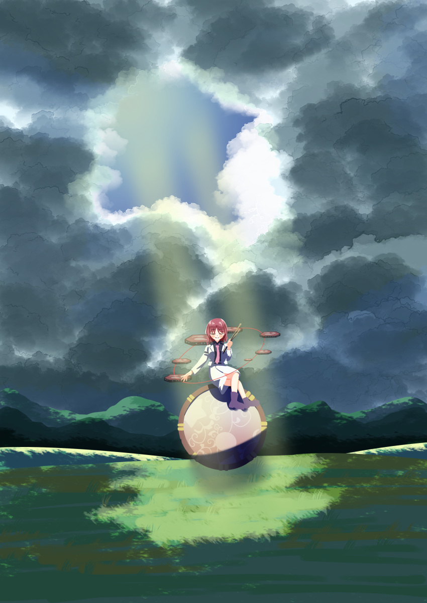 1girl, absurdres, black_shirt, blush, boots, closed_eyes, closed_mouth, clouds
