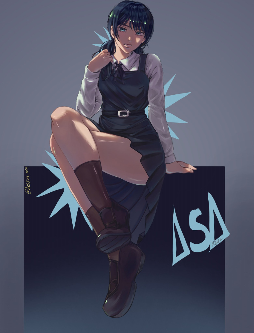 1girl, belt, black_ribbon, blue_eyes, boots, chainsaw_man, crossed_legs, dessins_ness