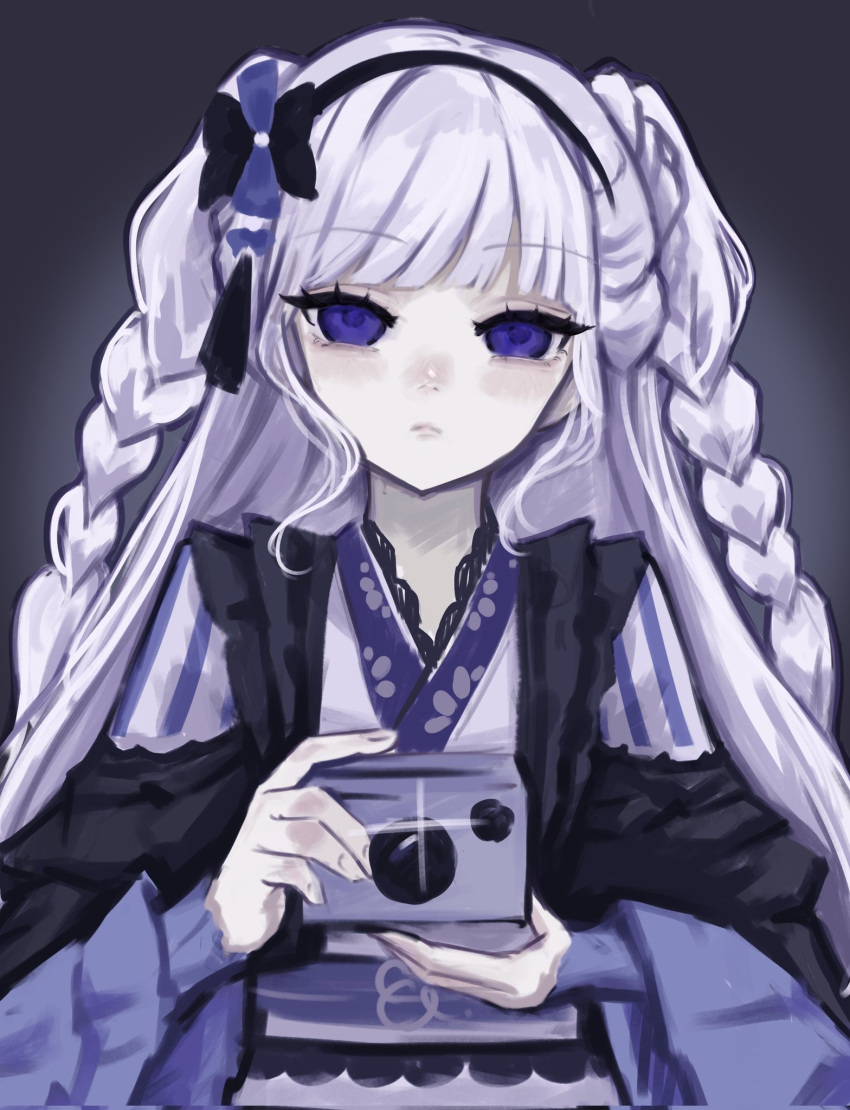 1girl, bow, bowtie, braid, camera, commentary_request, dress, frilled_dress