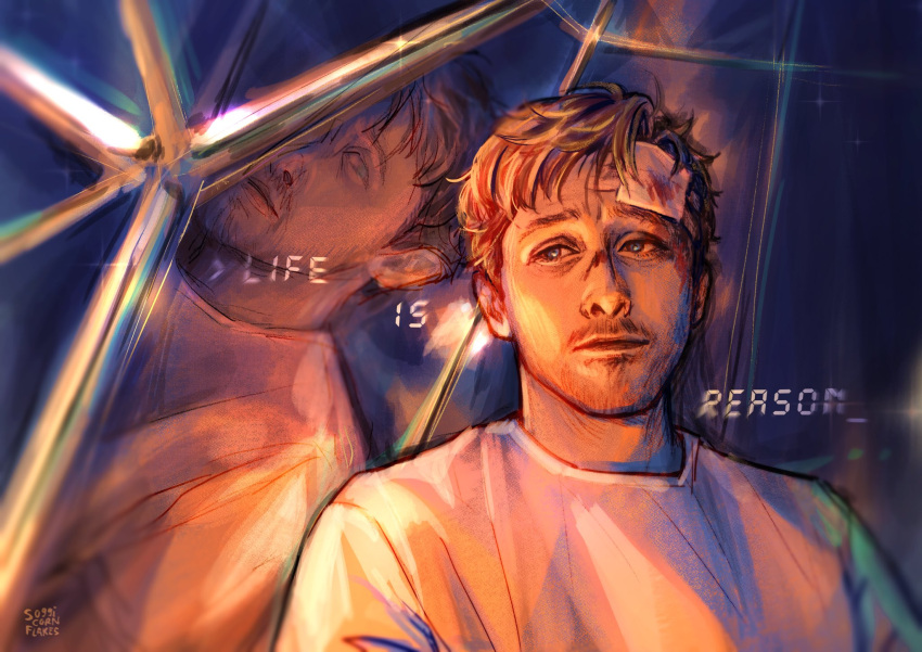 1boy, alien, beard, beard_stubble, casual, commentary, english_commentary, eridian, facial_hair, highres, messy_hair, project_hail_mary, reflection, rocky_(project_hail_mary), ryland_grace, soggicornflakes, stubble