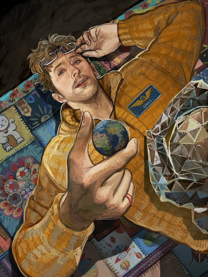 alien, beard, beard_stubble, casual, commentary, eridian, facial_hair, highres, logo, messy_hair, mr_kotets, nasa, nasa_logo, project_hail_mary, rocket_ship, rocky_(project_hail_mary), ryland_grace, spacecraft, stubble