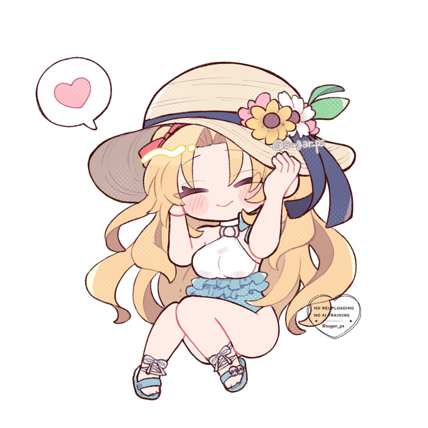 1girl, artist_name, bare_shoulders, blonde_hair, blue_one-piece_swimsuit, blue_sandals, blush, bow