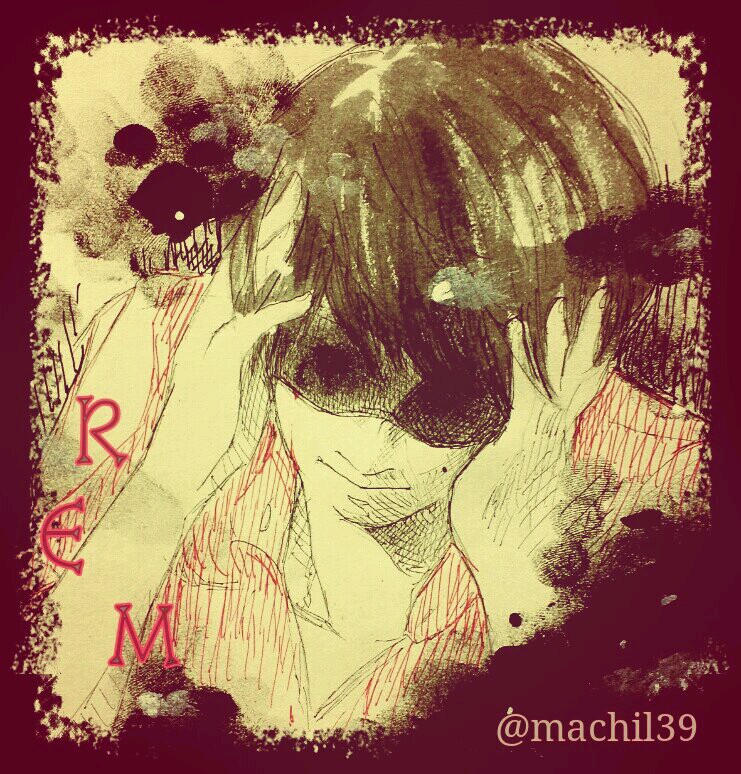 1boy, ballpoint_pen_(medium), black_hair, border, character_request, copyright_request, hands_on_own_head, inkstick