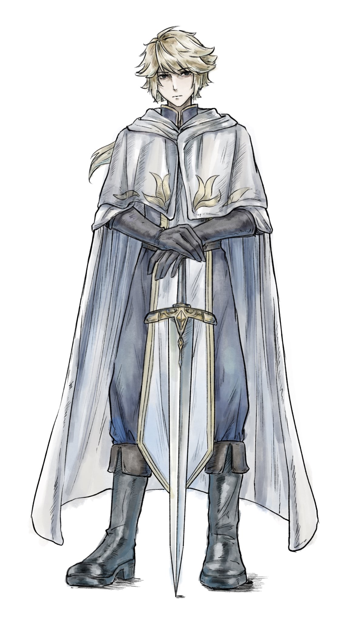 1boy, bailing76985865, black_boots, black_eyes, black_gloves, blonde_hair, boots, cape, closed_mouth, commentary_request, gloves, highres, holding, holding_sword, holding_weapon, long_hair, looking_at_viewer, male_focus, octopath_traveler, octopath_traveler:_champions_of_the_continent, octopath_traveler_0, rondo_(octopath_traveler), simple_background, solo, standing, sword, weapon, white_background, white_cape