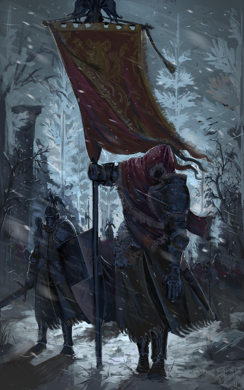 6+others, absurdres, ambiguous_gender, armor, banished_knight, banner, battle_standard, breastplate