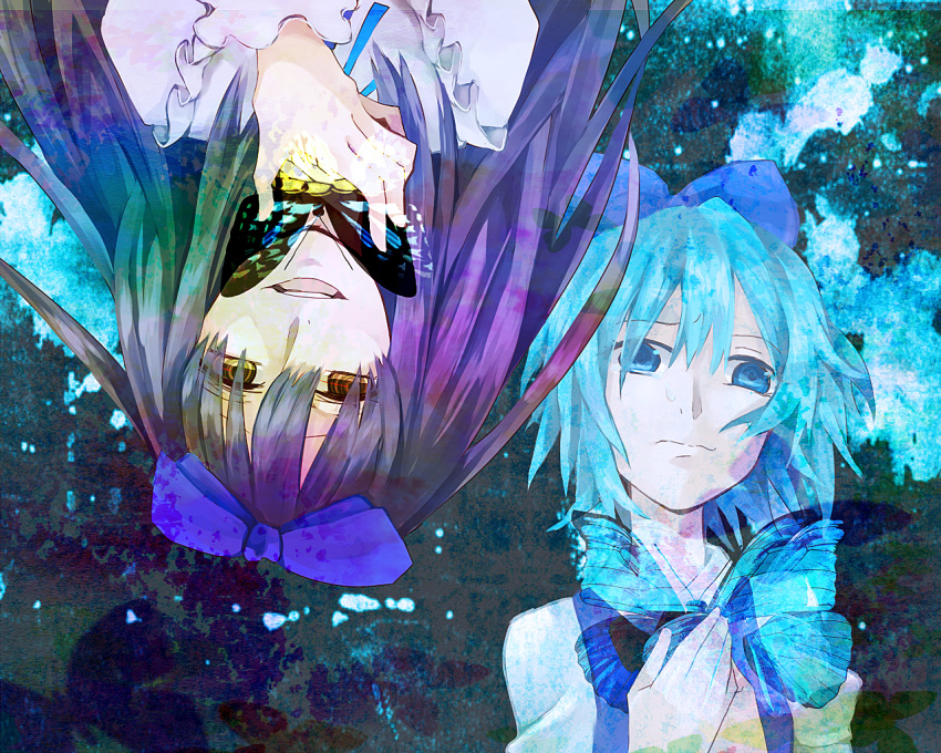 artist_request, black_hair, blue_eyes, blue_hair, bow, bust, butterfly, cirno, evil, extacchiman, good, hair_bow, hands_on_own_chest, long_hair, multiple_girls, neck_ribbon, open_mouth, ribbon, short_hair, star_sapphire, tears, touhou, upside-down, yellow_eyes