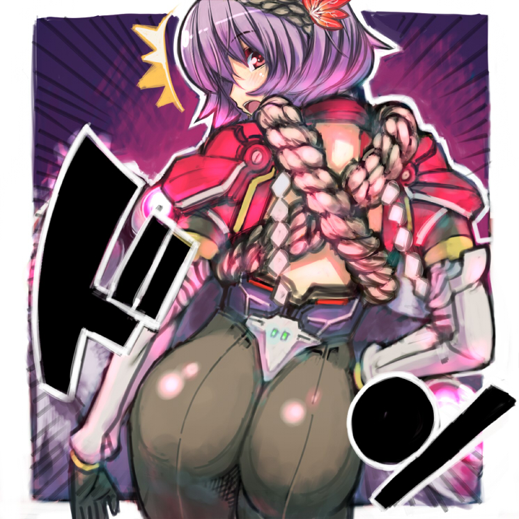 asakura_itaru, ass, backless_outfit, black_gloves, blush, brown_legwear, from_behind, gloves, hair_ornament, open_mouth, pants, pantyhose, purple_hair, red_eyes, shimenawa, short_hair, solo, surprised, touhou, turning, yasaka_kanako