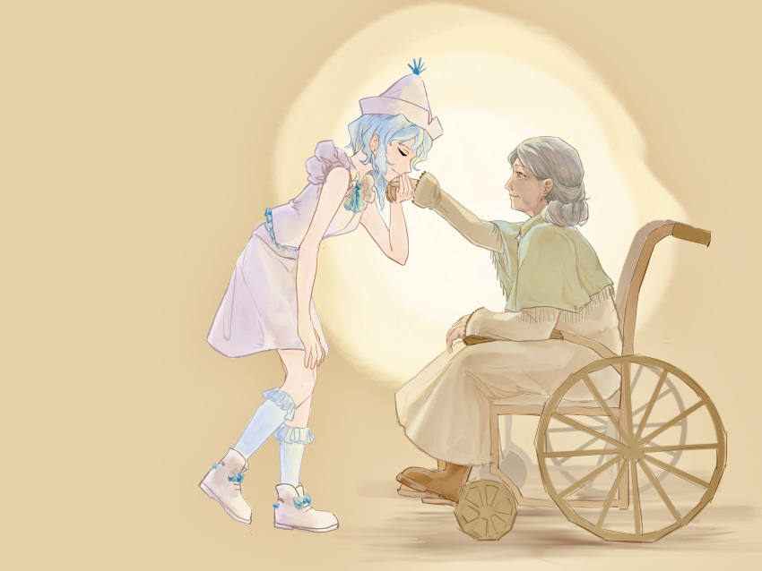 2girls, absurdres, blue_hair, capelet, closed_eyes, commentary, dress, fatao, grey_hair, hat, highres, kiss, kissing_hand, layla_prismriver, leaning_forward, merlin_prismriver, multiple_girls, old, old_woman, short_hair, sitting, skirt, socks, touhou, wheelchair, yuri