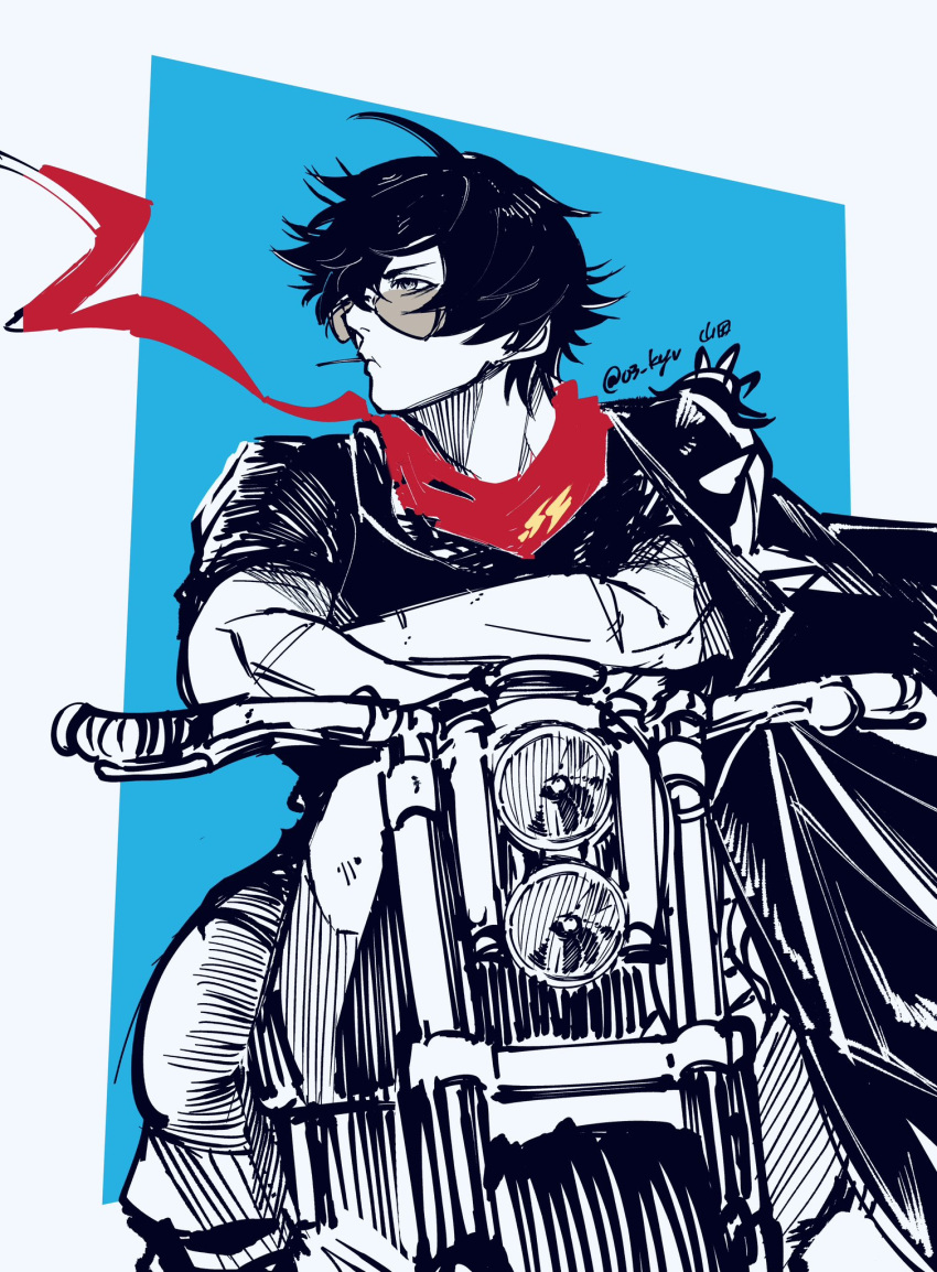 03_kyv, 1boy, blue_background, closed_mouth, commentary, hair_over_one_eye, highres, lighter_(zenless_zone_zero)
