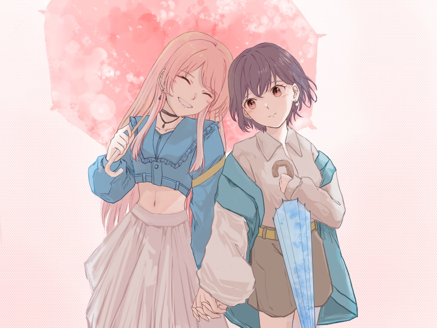 2girls, absurdres, bang_dream!, bang_dream!_it's_mygo!!!!!, belt, black_choker, blue_jacket, brown_eyes, brown_hair, brown_shorts, chihaya_anon, choker, closed_eyes, closed_mouth, collared_shirt, commentary, cropped_jacket, earrings, fatao, highres, holding, holding_hands, holding_umbrella, interlocked_fingers, jacket, jewelry, long_hair, long_sleeves, midriff, multiple_girls, navel, pink_background, pink_hair, shared_umbrella, shirt, short_hair, shorts, sidelocks, skirt, smile, takamatsu_tomori, umbrella, yuri