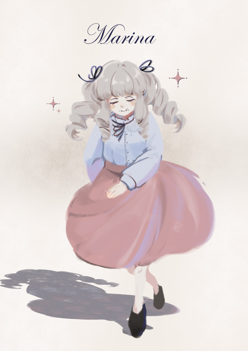 1girl, absurdres, black_ribbon, black_shoes, blush, character_name, closed_eyes, closed_mouth