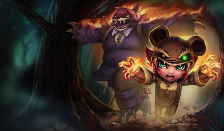 annie_hastur, backpack, bear, burning_hand, costume, doll, fake_animal_ears, fangs