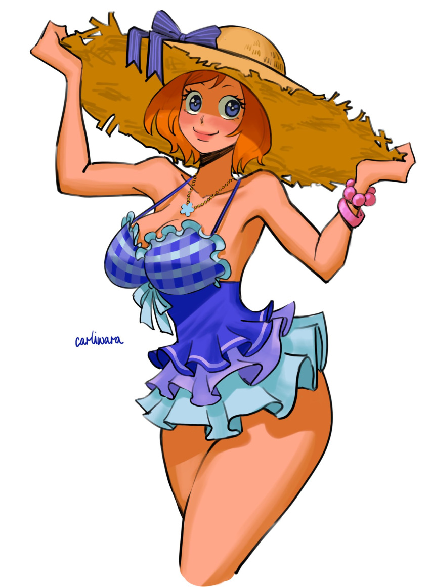blue_bow, bow, bracelet, breasts, carli_(carliwara), commentary, frilled_skirt, frills, hat, highres, jewelry, koala_(one_piece), large_breasts, necklace, one-piece_swimsuit, one_piece, signature, skirt, smile, sun_hat, swimsuit, white_bow
