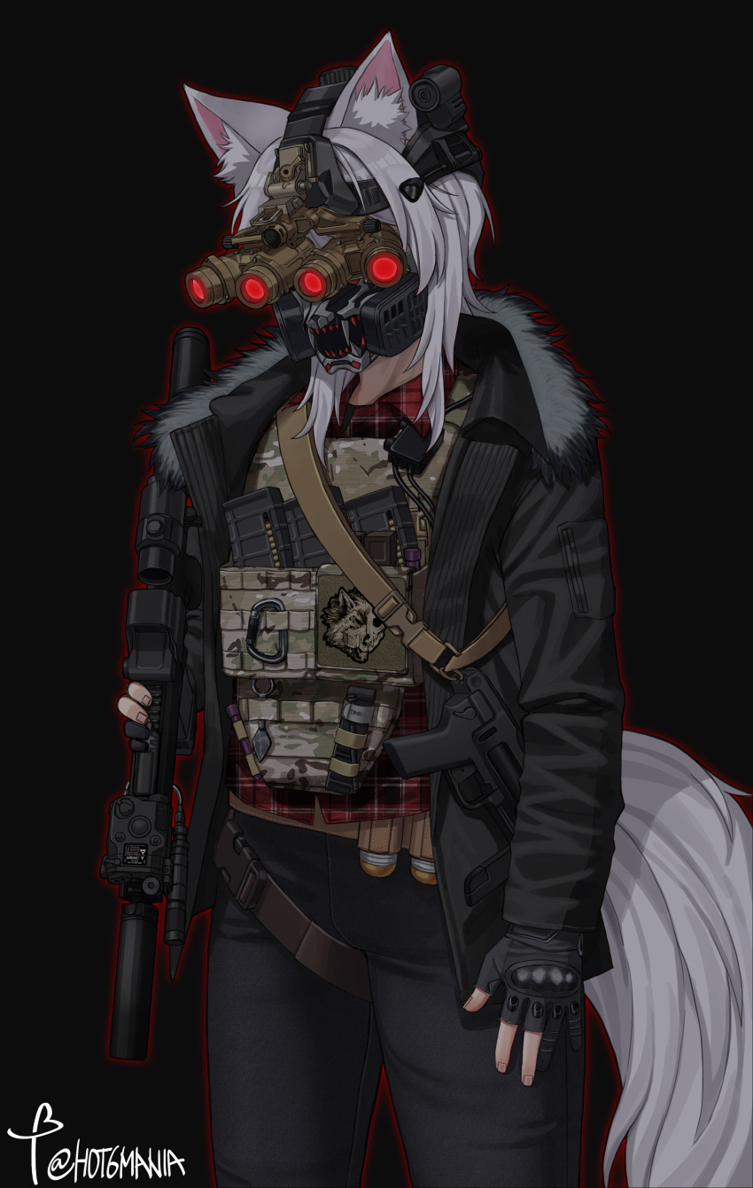 1girl, absurdres, animal_ears, artist_name, assault_rifle, belt, black_jacket, black_pants