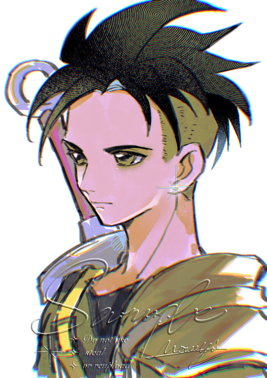 1boy, black_hair, closed_mouth, commentary, dragon_quest, dragon_quest_xii, dragon_quest_xii_protagonist, earrings, glint, grey_eyes, highres, jewelry, male_focus, mouyi, shaved_head, shirt, short_hair, single_shoulder_pad, solo, spiky_hair, stud_earrings, sword, sword_on_back, upper_body, watermark, weapon, weapon_on_back, white_background