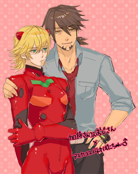 barnaby_brooks_jr, blonde_hair, bodysuit, brown_eyes, brown_hair, cosplay, crossdressinging, facial_hair