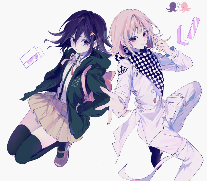 1boy, 1girl, animal_bag, bag, black_shoes, blunt_bangs, blush, brown_hair