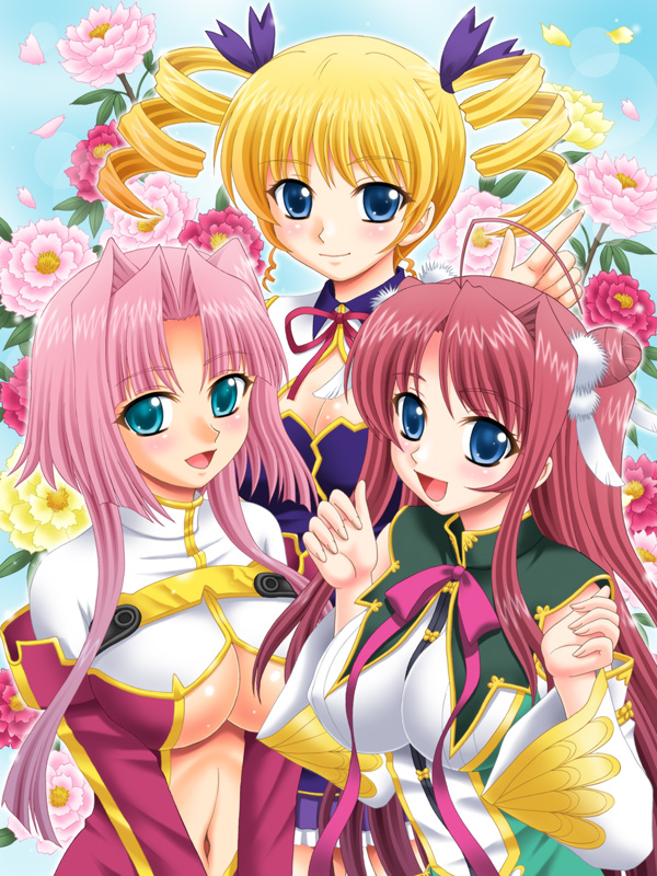 ahoge, blonde_hair, blue_eyes, breasts, cleavage, cleavage_cutout, drill_hair, erect_nipples, flower, green_eyes, koihime_musou, large_breasts, long_hair, multiple_girls, navel, pink_hair, red_hair, redhead, ryuub, ryuubi, short_hair, smile, sonken, sousou, twin_drills, underboob, yasu_rintarou