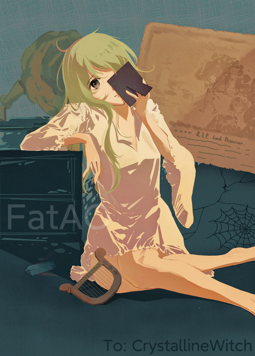 1girl, absurdres, book, commentary_request, fatao, green_hair, highres, holding