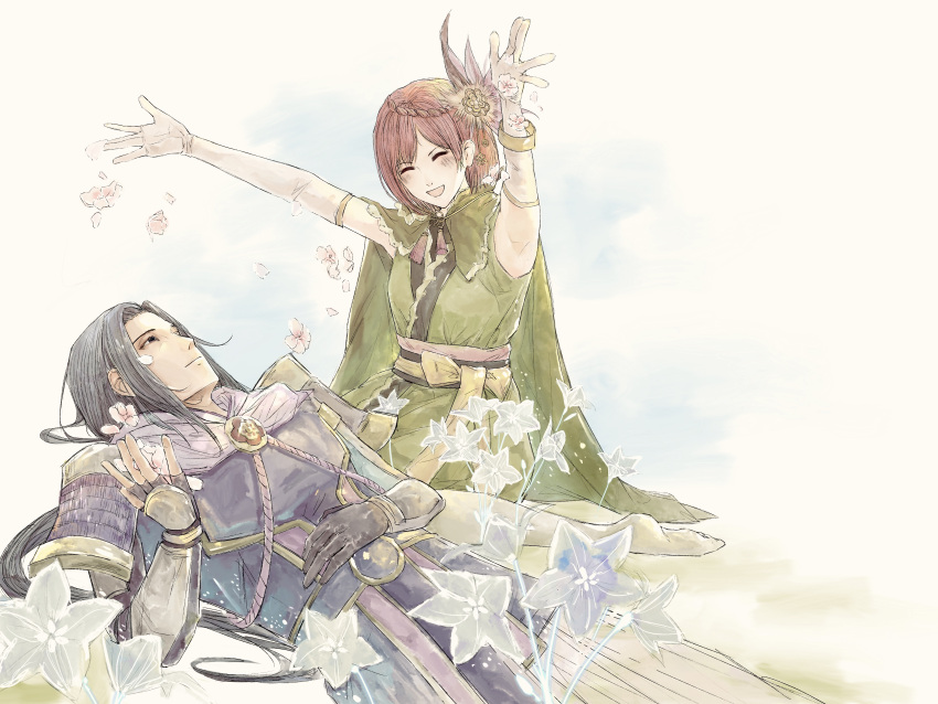 1boy, 1girl, absurdres, akechi_mitsuhide_(sengoku_musou), armor, black_hair, braid, brown_hair